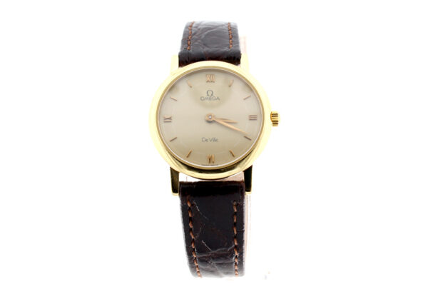 OMEGA DeVille Damenuhr mit 18-Karat-Gold-Gehäuse und Lederband