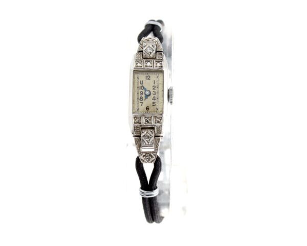 ART DECO Damenuhr mit 14-Karat-Weißgold-Gehäuse, 2 Diamanten und Perlenarmband.