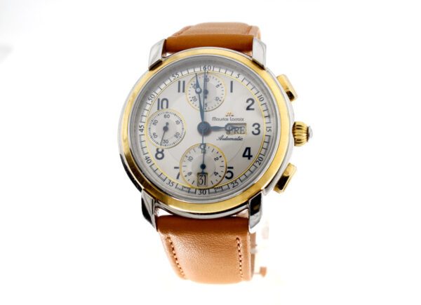 MAURICE LACROIX Automatic Herrenuhr mit Stahl-/ Goldgehäuse (Bicolor), Sichtboden und Lederarmband.