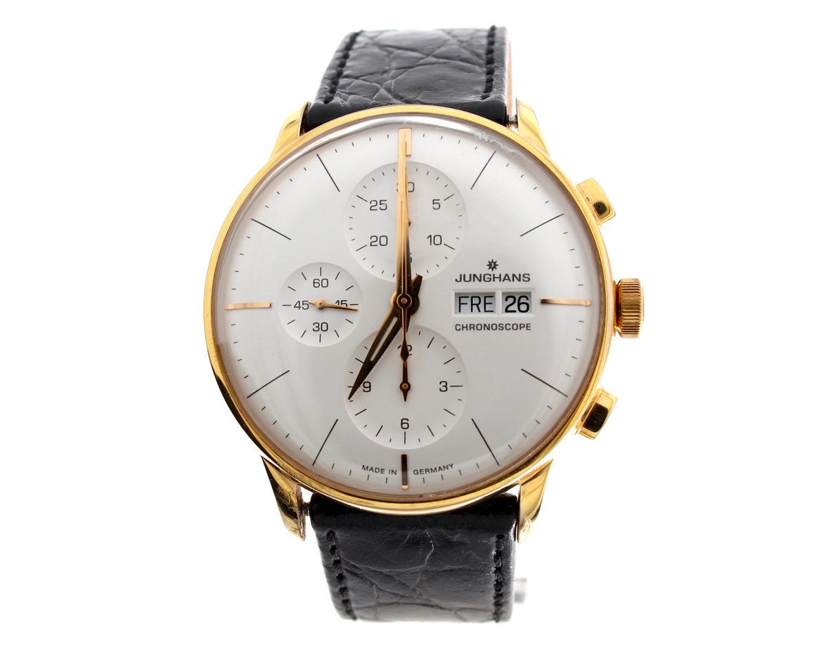 JUNGHANS Chronoscope Herren Chronograph mit Plaquegehause Lederband Glaboden und Automatikwerk. Juwelier Master
