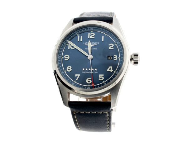 LONGINES Spirit Herrenuhr mit Edelstahlgehäuse, Lederband, Automatikwerk und Leuchtindizies.
