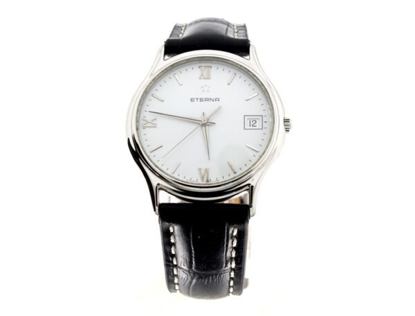 ETERNA Herrenuhr mit Edelstahlgehäuse, Lederband, ETA-Quartzwerk und Eterna-Box.