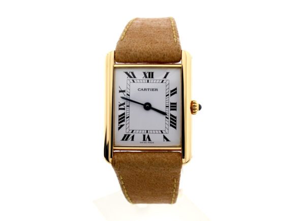 CARTIER Tank Armbanduhr in 18 Karat-Goldgehäuse, Quartzwerk und Cabochon-Krone.