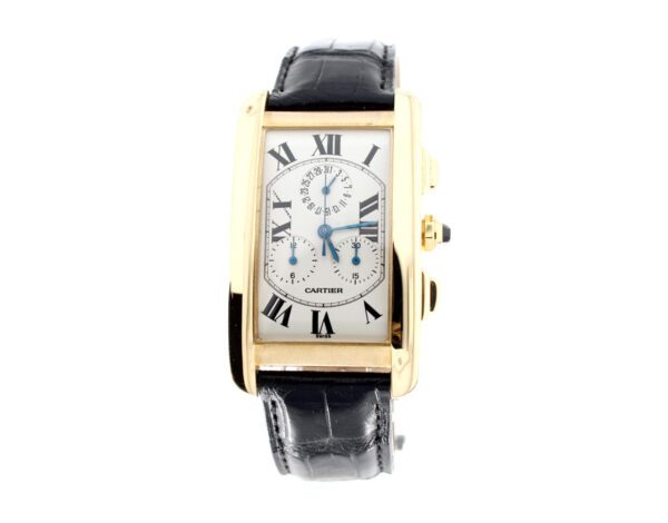 CARTIER Tank Americaine 18-Karat-Gelbgoldgehäuse, Lederband, Cartier-Quarzwerk, Saphirkrone und Full-Set.