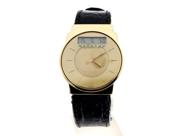 JUNGHANS Mega Herren-Funkuhr in 14-Karat-Goldgehäuse, Digitalanzeige und Zeitzonenverstellung.