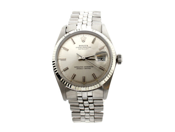 ROLEX Oyster Perpetual Datejust Herrenuhr in Edelstahlgehäuse, Automatikwerk, Schraubkrone, Datum mit Lupe.