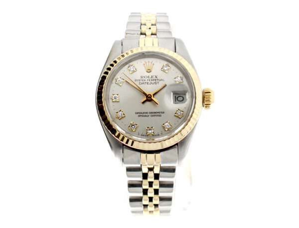 ROLEX Oyster Perpetual Datejust Damenuhr mit Stahl-/Goldgehäuse, Automatikwerk, Datumslupe und Schraubkrone.