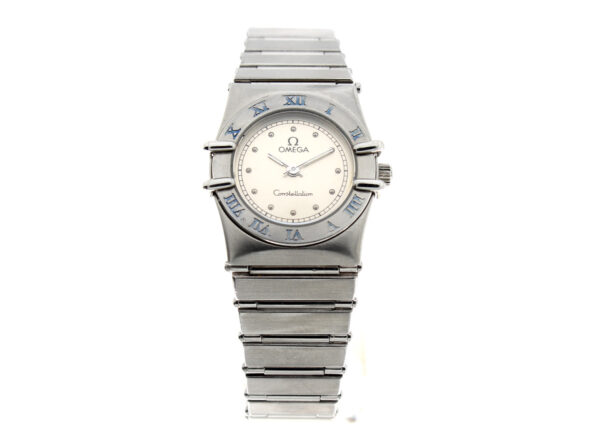 OMEGA Constellation Damenuhr mit Edelstahlgehäuse, ETA-Quartzwerk, Saphirglas und Faltschließe.