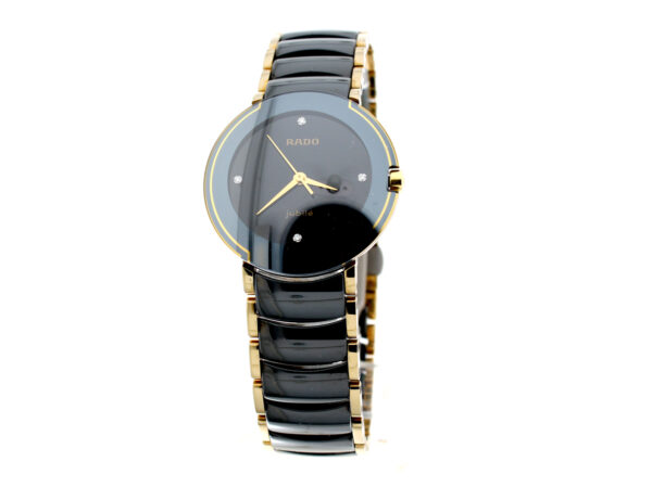 RADO Diastar Jubilé Armbanduhr mit Stahl-Ceramic-Gehäuse (Bicolor), ETA-Quartzwerk, 4 Diamanten auf Ziffernblatt und Doppelfaltschließe.