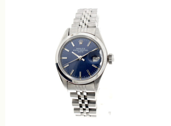 ROLEX Date Damenuhr mit Edelstahlgehäuse und Automatikwerk, Datumslupe und Schraubkrone.