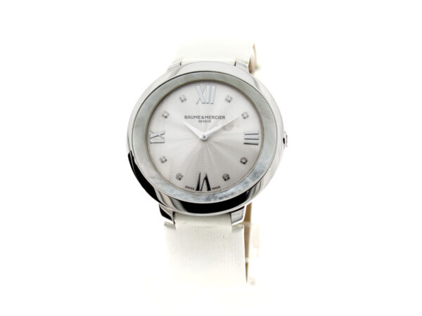 BAUME MERCIER Promesse Damenuhr mit Edelstahlgehäuse, Lederband und 8 Diamanten im Ziffernblatt.