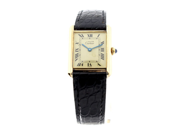 CARTIER Tank Damenuhr mit Vermeilgehäuse, Plaque 20M, Lederband und Original-Cartierschließe.