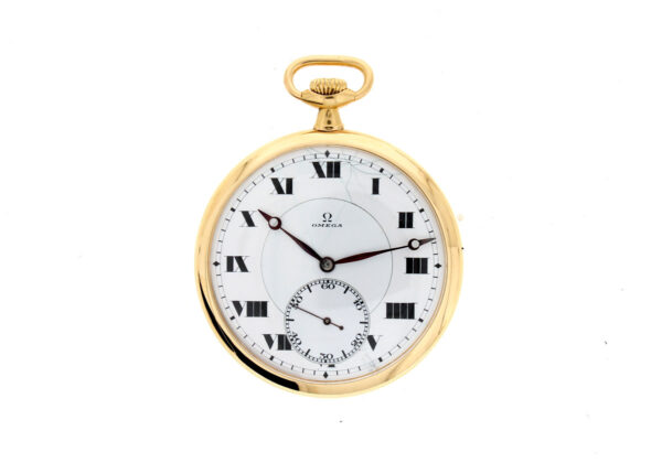 OMEGA Taschenuhr mit 18-Karat-Goldgehäuse, Handaufzug und Emaille-Ziffernblatt.