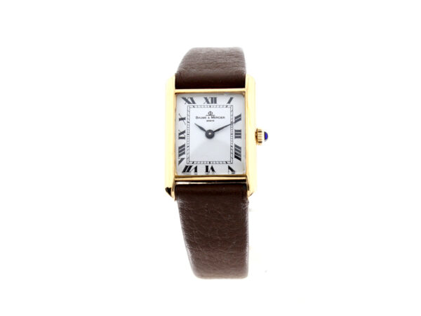 BAUME MERCIER Tank Damenuhr mit 18-Karat-Goldgehäuse, ETA-Handaufzugswerk und Lederband.