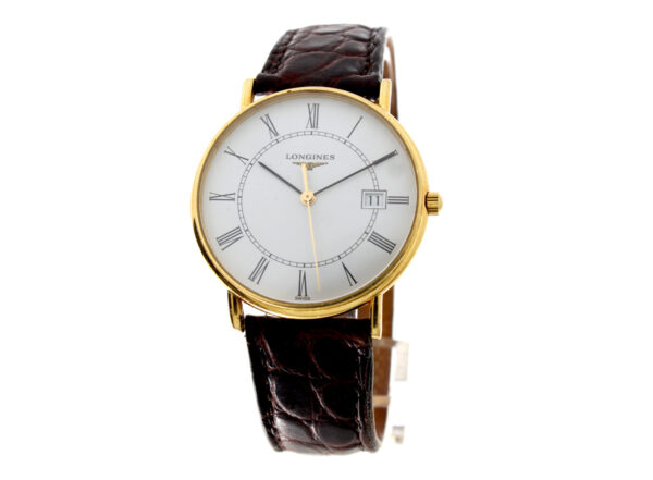 LONGINES LesGrande Classique Herrenuhr mit 18 Karat-Goldgehäuse, Quartzwerk, Lederband mit Original-Dornschließe.