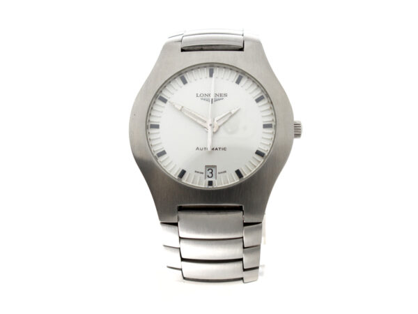 LONGINES Opposition Herrenuhr mit Edelstahlgehäuse, Automatikwerk, Stahlband und Stahlboden.