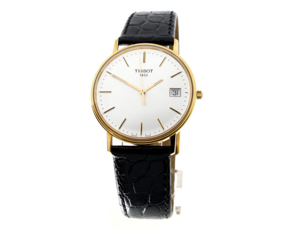 TISSOT Goldrun Armbanduhr mit 18-Karat-Goldgehäuse, ETA-Automatikwerk, Lederband mit Original-Papiere.