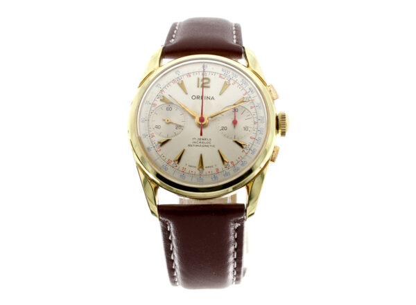 ORFINA Chronograph Herrenuhr mit Plaquegehäuse, Handaufzugswerk, Lederband mit Dornschließe.