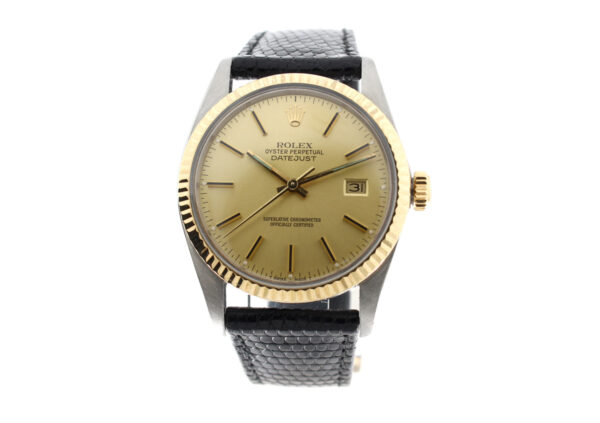 ROLEX Datejust Herrenuhr mit Stahl-/ Goldgehäuse, Automatikwerk und Lederband mit Rolex-Dornschließe.