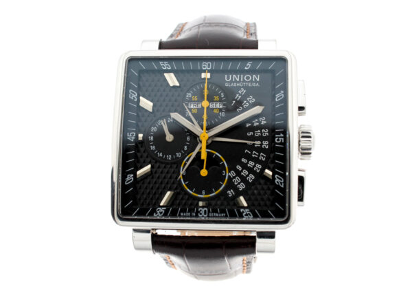 UNION Glashütte/SA. Herrenuhr mit Edelstahl-Gehäuse, ETA-Automatikwerk, Glasboden, Lederband mit Faltschließe im Full-Set.