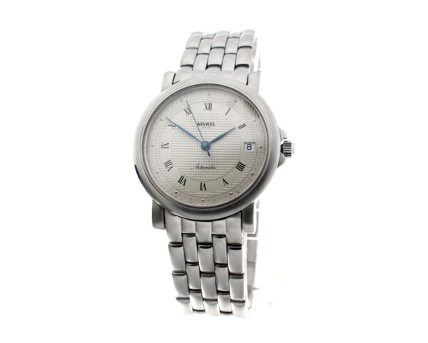 NIVREL Automatic Herrenuhr mit Edelstahlgehäuse, ETA-Automatikwerk, Schraubkrone und Glasboden.