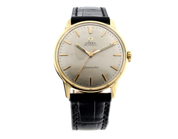 OMEGA Seamaster Herrenuhr mit 14-Karat-Goldgehäuse, Automatikwerk, Lederband und Zentralsekunde.