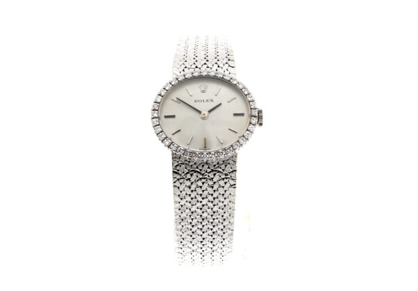ROLEX Orchid Damenuhr mit 18-Karat-Weißgoldgehäuse, Handaufzugswerk und Diamantenkranz.