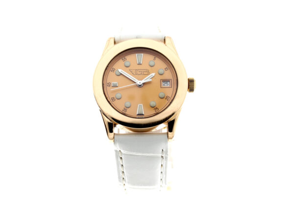 GIANNI BULGARI Timeo Damenuhr mit 18-Karat-Roségoldgehäuse, ETA-Quartzwerk, Sekunde und Datum.