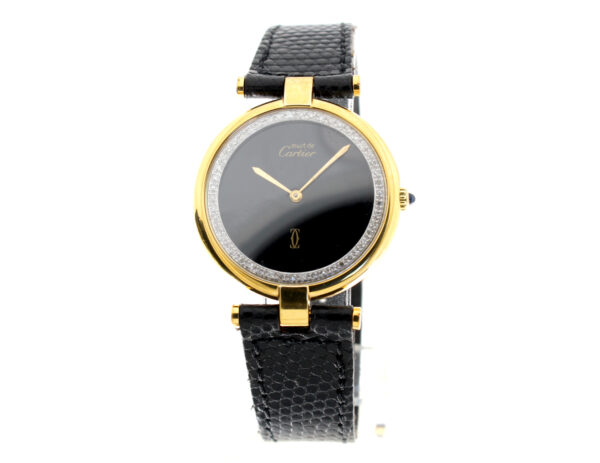 CARTIER Must De Damenuhr mit 20 Mic vergoldetem Gehäuse, Quartzwerk und Diamantenkranz.