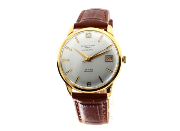 GENEVE Royal Herren-Armbanduhr mit 18-Karat Goldgehäuse, Automatikwerk, Lederband.