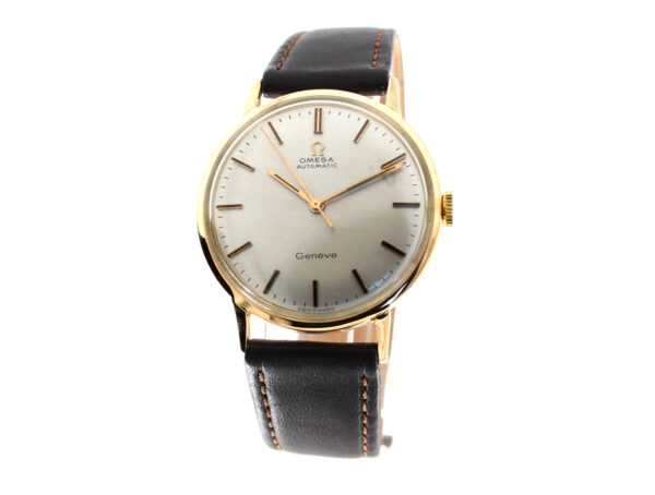 OMEGA Geneve Herren-Armbanduhr mit 18-Karat Goldgehäuse, Automatikwerk, Lederband und Zentralsekunde.