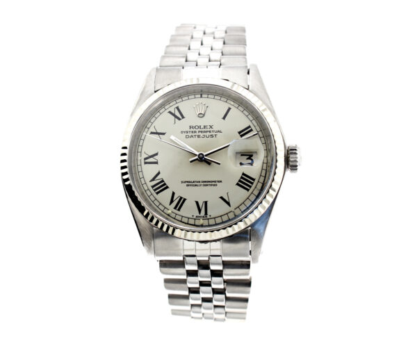 ROLEX Datejust Herren-Armbanduhr mit Edelstahlgehäuse, Automatikwerk, Datumslupe, Schraubkrone und JM-Box.