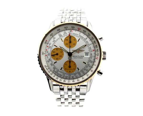 BREITLING  Old Navitimer Herren-Chronograph mit Edelstahlgehäuse, Automatikwerk, Goldlünette und Saphirglas.