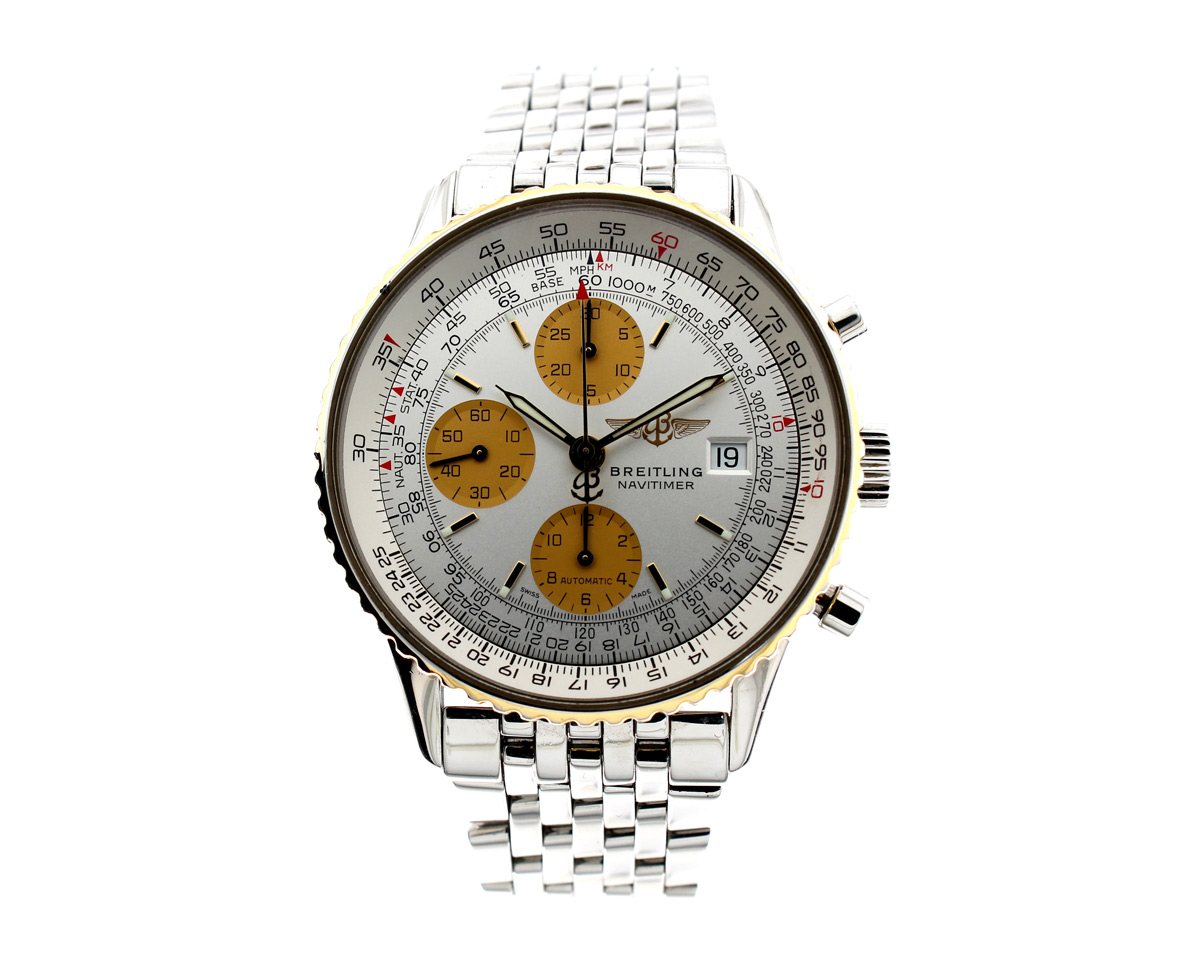 BREITLING  Old Navitimer Herren-Chronograph mit Edelstahlgehäuse, Automatikwerk, Goldlünette und Saphirglas.