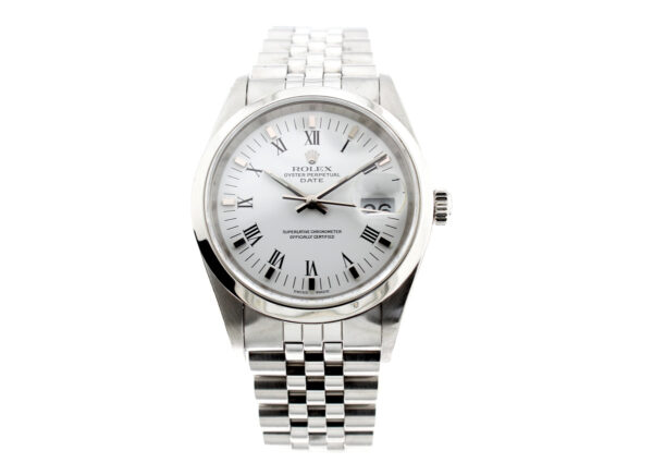 ROLEX Oyster Perpetual Date Herren-Armbanduhr mit Edelstahlgehäuse, Rolex-Automatikwerk, Schraubkrone und Datumslupe.