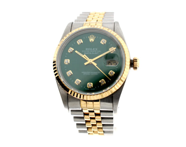 ROLEX Oyster Perpetual Datejust Armbanduhr mit Stahl-/ Goldgehäuse, Automatikwerk, Schraubkrone und grünem Ziffernblatt.