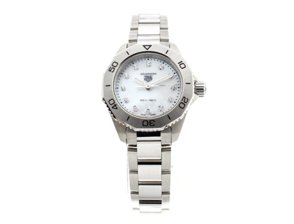 TAG HEUER Aquaracer Damenuhr mit Edelstahlgehäuse, Automatikwerk, 12 Diamanten im Perlmutt-Ziffernblatt.