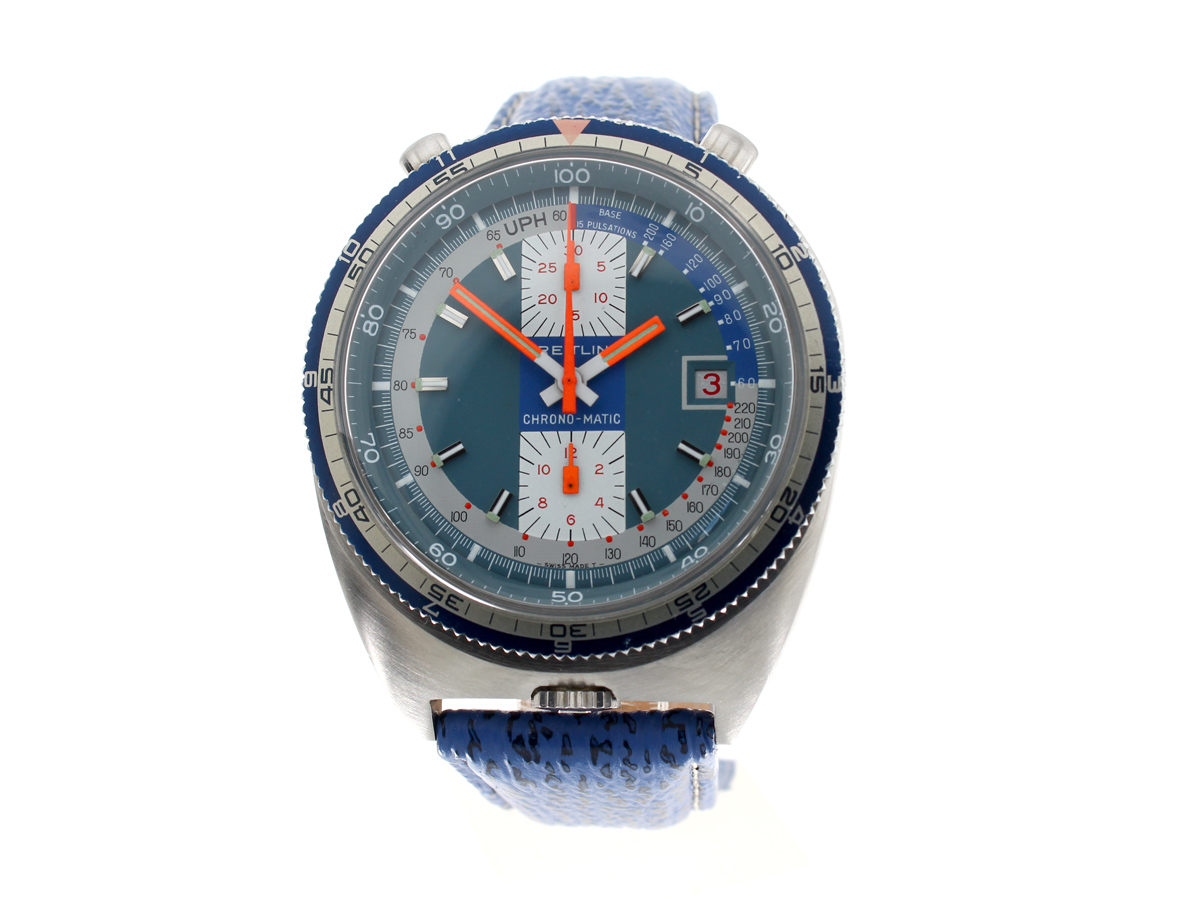 BREITLING Chrono Matic Herrenuhr mit Edelstahlgehäuse, Automatikwerk und Lederband. Seltene Sammleruhr in Original-Zustand.