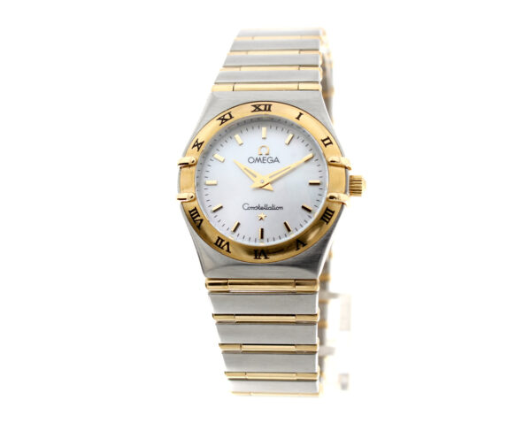 OMEGA Constellation Damenuhr, Stahl-Goldgehäuse (Bicolor), ETA-Quartzwerk und Perlmutt-Ziffernblatt.