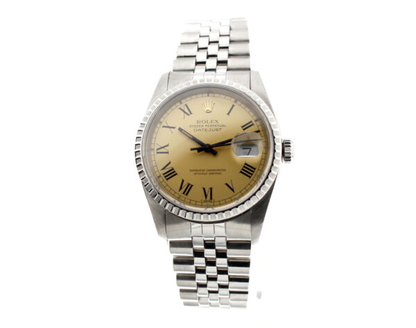 ROLEX Oyster Perpetual Datejust Herrenuhr mit Edelstahlgehäuse, Rolex-Automatikwerk, Schraubkrone und Datumslupe.