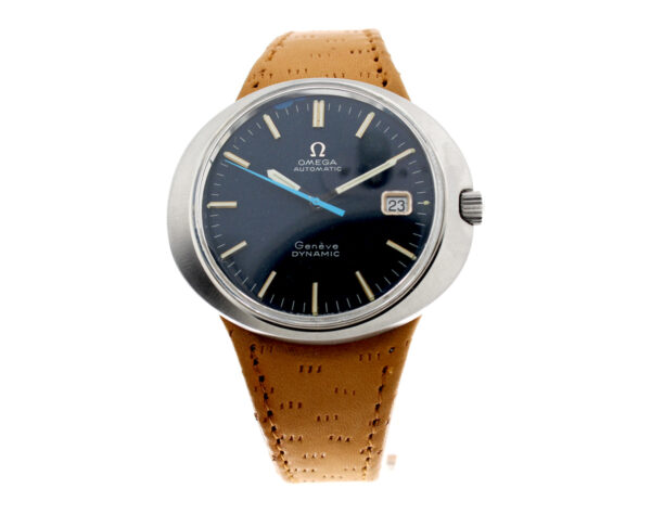 OMEGA Geneve Dynamie Herrenuhr mit Edelstahlgehäuse, Omega-Automatikwerk, Lederband und Original-Dornschließe.