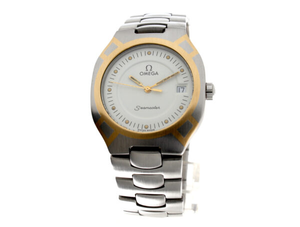 OMEGA Seamaster Polaris Armbanduhr, Stahl-/Goldgehäuse (Bicolor), ETA-Quartzwerk, Timezone und Faltschließe.
