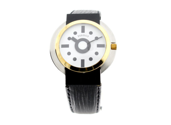 TISSOT Sottsass Armbanduhr, Edelstahlgehäuse mit goldener Lünette, ETA-Quartzwerk und originaler Dornschließe.