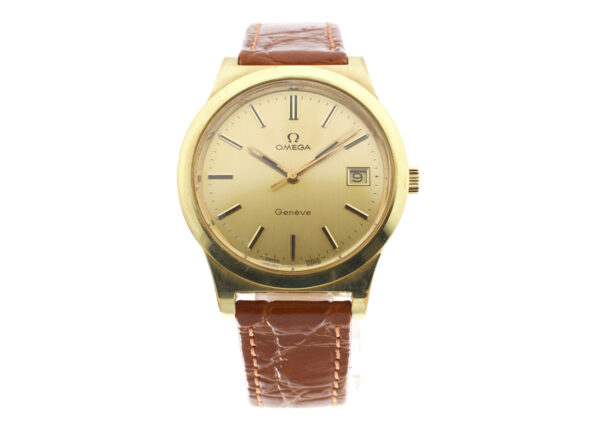OMEGA Geneve Herrenuhr mit vergoldetem Stahlgehäuse, Handaufzugswerk, Datum und Box.