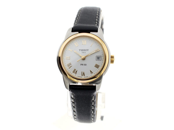 TISSOT PR 50 Damenuhr mit Edelstahl-/ Plaquegehäuse, ETA-Quarzwerk, originaler Dornschließe und Lederarmband.
