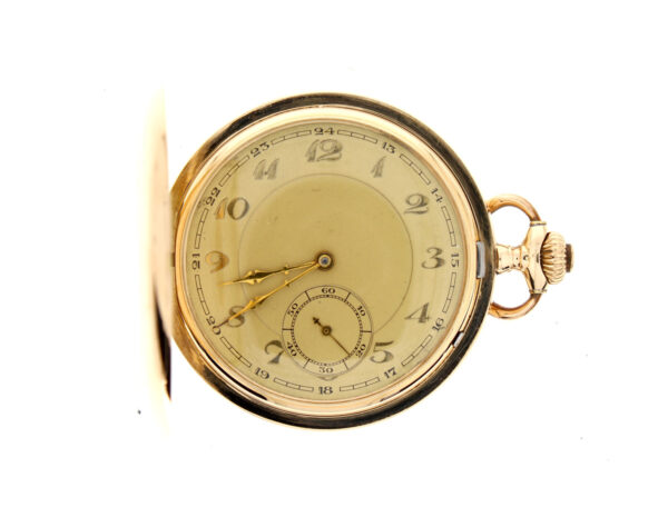 MINERVA Savonette Taschenuhr mit 14 Karat-Goldgehäuse, Handaufzugszwerk und Metall-Ziffernblatt.