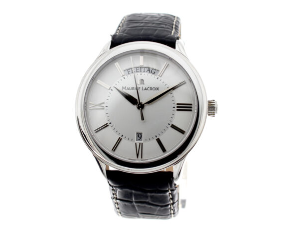MAURICE LACROIX Herrenuhr mit Edelstahlgehäuse, ETA-Quartzwerk, Lederband, DayDate und Originalbox.