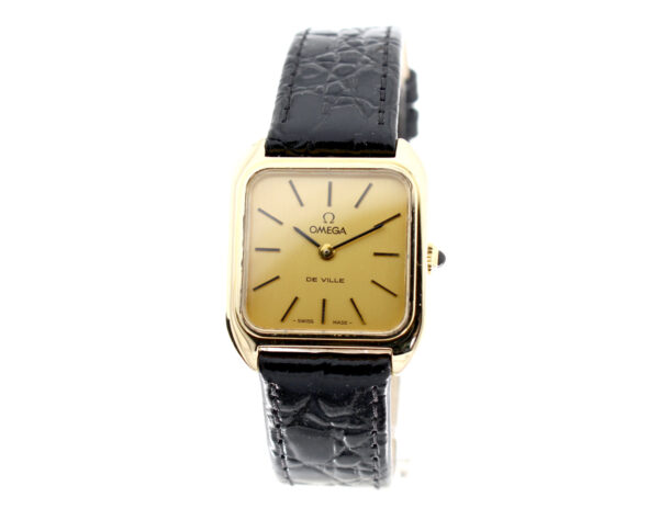 OMEGA DeVille Damenuhr mit Plaque 20M-Gehäuse, Stahlboden, Lederband und Handaufzug.