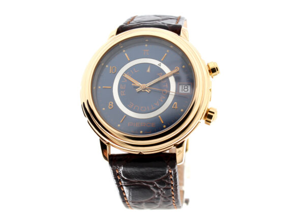 PIERCE 1883 Reveil Herrenuhr mit 18-Karat-Goldgehäuse, Automatikwerk, Saphirglas, Weckerfunktion und Lederband.