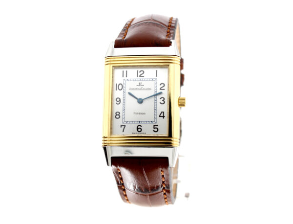 JAEGER LE COULTRE Reverso Armbanduhr mit Stahl-/ Goldgehäuse, Lederband mit Stahl-Faltschließe im Full-Set.